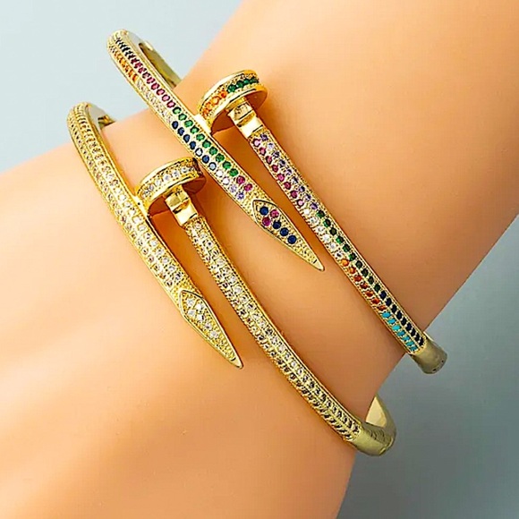 Gold Nail Multicolor Zircon Bangle Screw Tack Bracelet - Picture 4 of 7